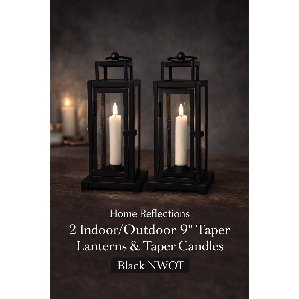 Home Reflections Set of 2 Black‎ Iron Glass 9" Lanterns with LED Taper Candles